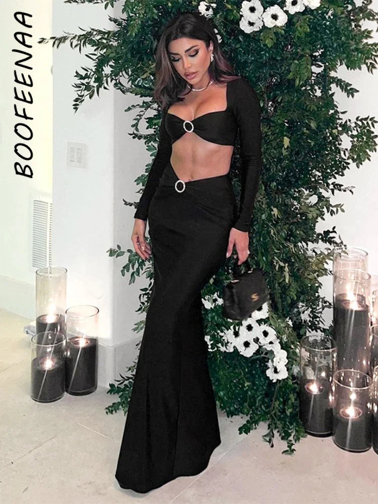 IMIEMIE BOOFEENAA Long Sleeve Crop Top Skirt Two Pieces Sets Women Clothing Elegant Sexy Black Party Dress Night Out Outfits C85-DZ36