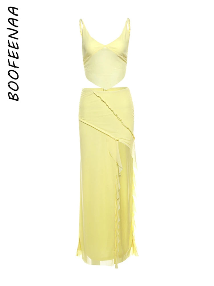 IMIEMIE BOOFEENAA Two Piece Summer Outfits Women Mesh Patchwork Ruffle Split Long Skirt and Crop Top Sexy Yellow Vacation Dress C71-DH27