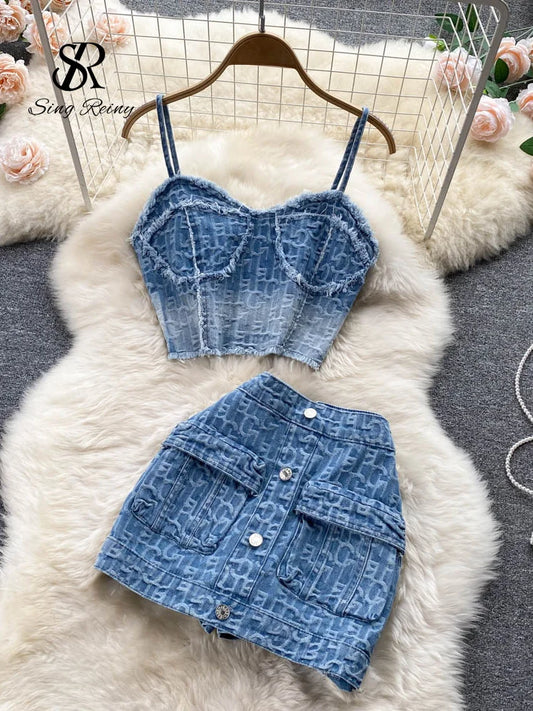 IMIEMIE Babyoung Women Summer Sexy Denim Set Strapless Sling Zipper Design Tops + Short Button Mini Skirt Short Jeans Two Piece Suits