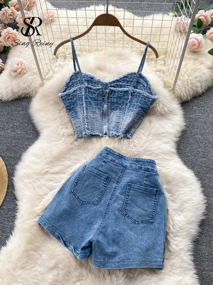 IMIEMIE Babyoung Women Summer Sexy Denim Set Strapless Sling Zipper Design Tops + Short Button Mini Skirt Short Jeans Two Piece Suits