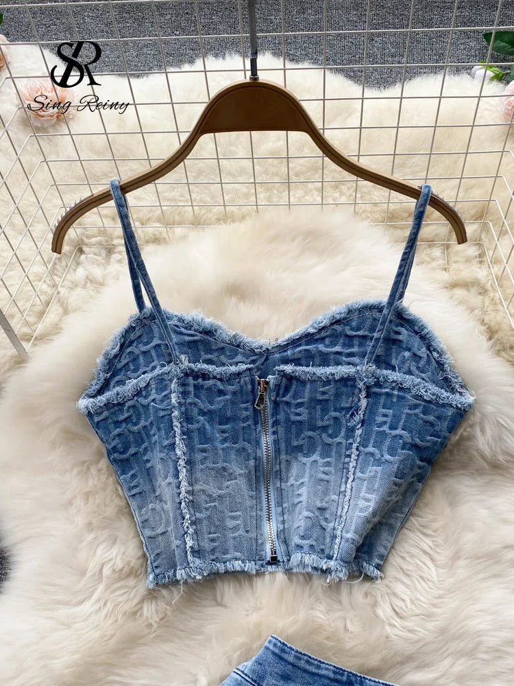 IMIEMIE Babyoung Women Summer Sexy Denim Set Strapless Sling Zipper Design Tops + Short Button Mini Skirt Short Jeans Two Piece Suits