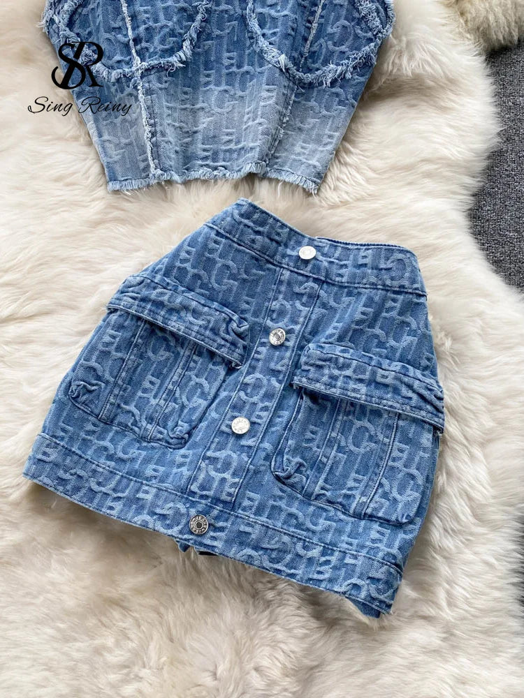 IMIEMIE Babyoung Women Summer Sexy Denim Set Strapless Sling Zipper Design Tops + Short Button Mini Skirt Short Jeans Two Piece Suits