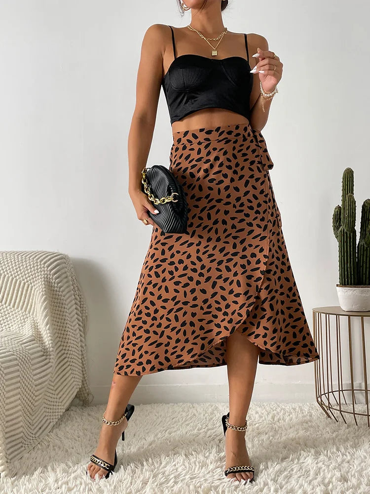 IMIEMIE Benuynffy Boho Women Casual Print Tie Side Wrap Skirt Elegant High Waist Female Summer Asymmetrical Knee Length A-Line Skirts