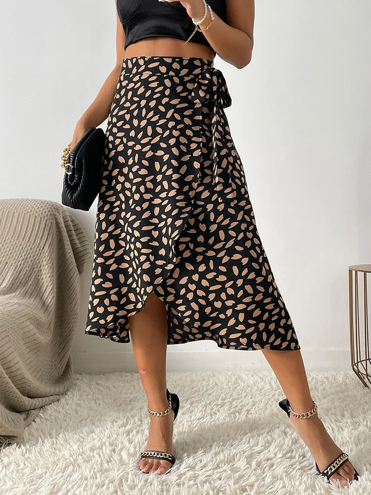 IMIEMIE Benuynffy Boho Women Casual Print Tie Side Wrap Skirt Elegant High Waist Female Summer Asymmetrical Knee Length A-Line Skirts