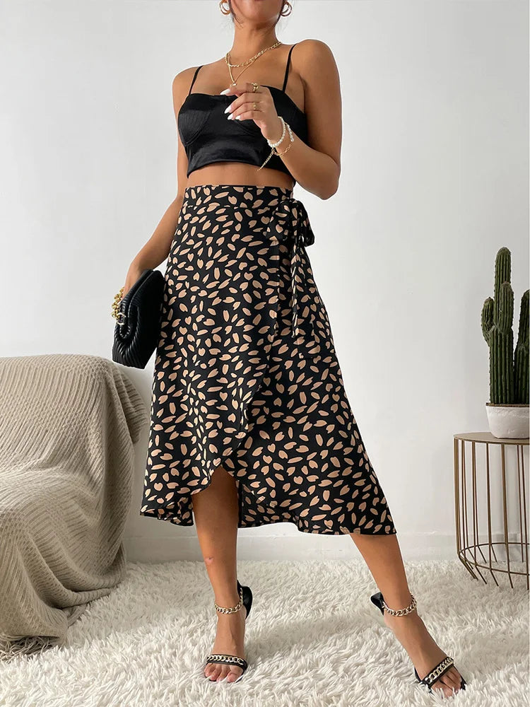 IMIEMIE Benuynffy Boho Women Casual Print Tie Side Wrap Skirt Elegant High Waist Female Summer Asymmetrical Knee Length A-Line Skirts