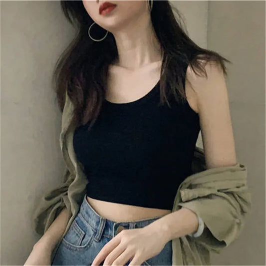 IMIEMIE Black Knitted Round Neck Women T-shirt Sexy Sleeveless Camisole Crop Top Woman Tight Stretch Tank Top Ladies Tee Top Streetwear