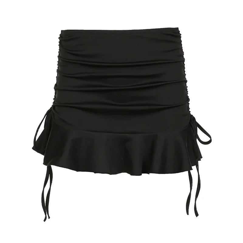 IMIEMIE Black Low Waist Drawstring Mini Skirt Women Sweet Basic Y2K Ruffles Slim Fit Short Skirts Cute Summer Street Outfits