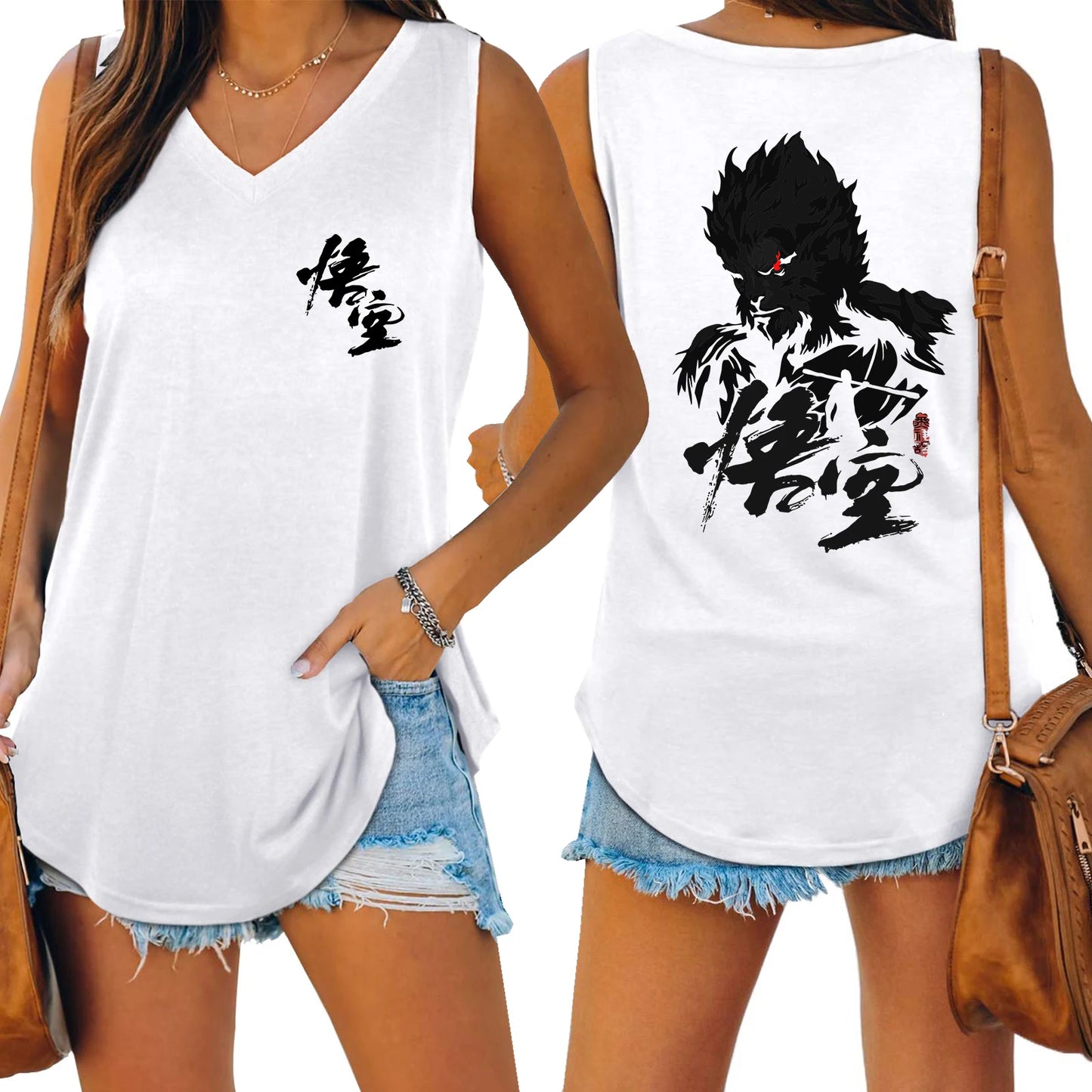 IMIEMIE Black Myth Wukong Sun Wukong Tank V-neck Female Vest Loose Oversized Women No Sleeve Top