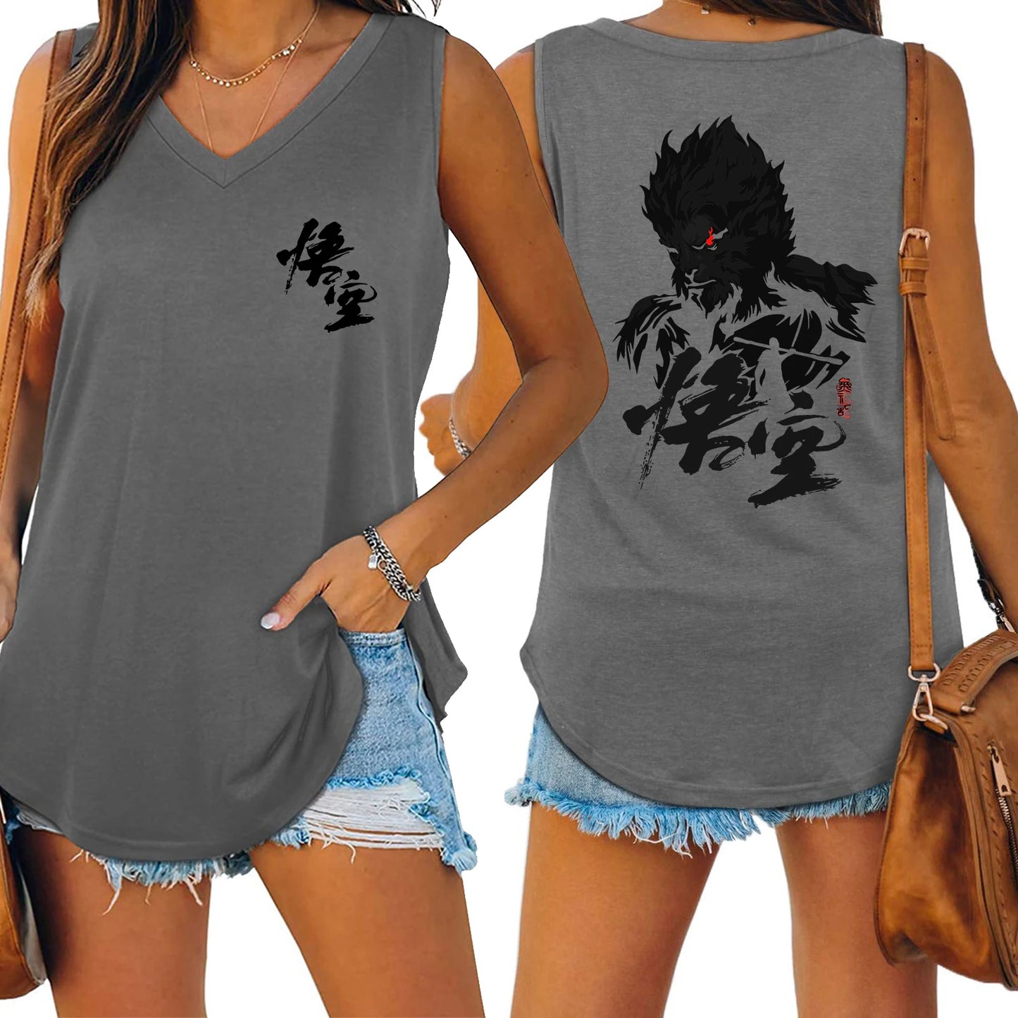 IMIEMIE Black Myth Wukong Sun Wukong Tank V-neck Female Vest Loose Oversized Women No Sleeve Top