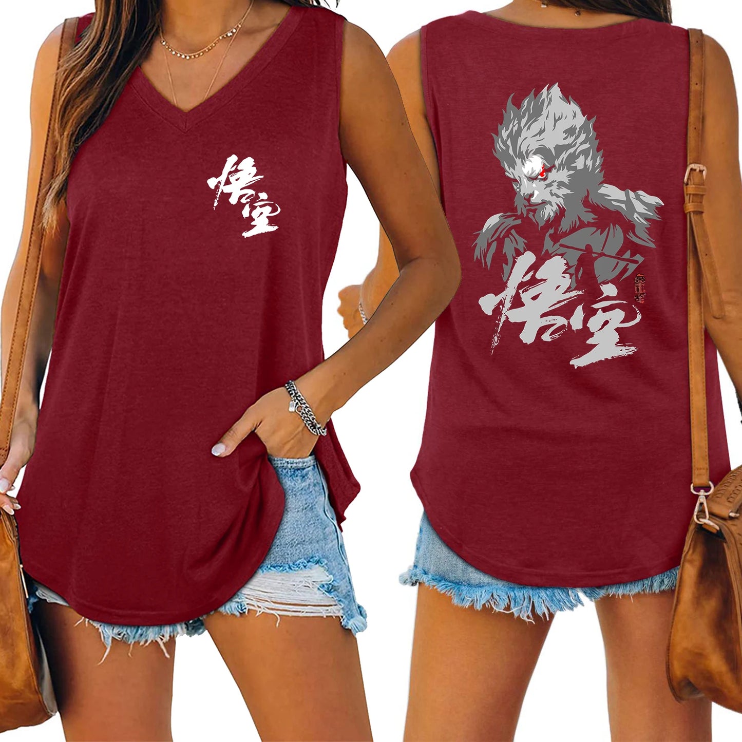 IMIEMIE Black Myth Wukong Sun Wukong Tank V-neck Female Vest Loose Oversized Women No Sleeve Top