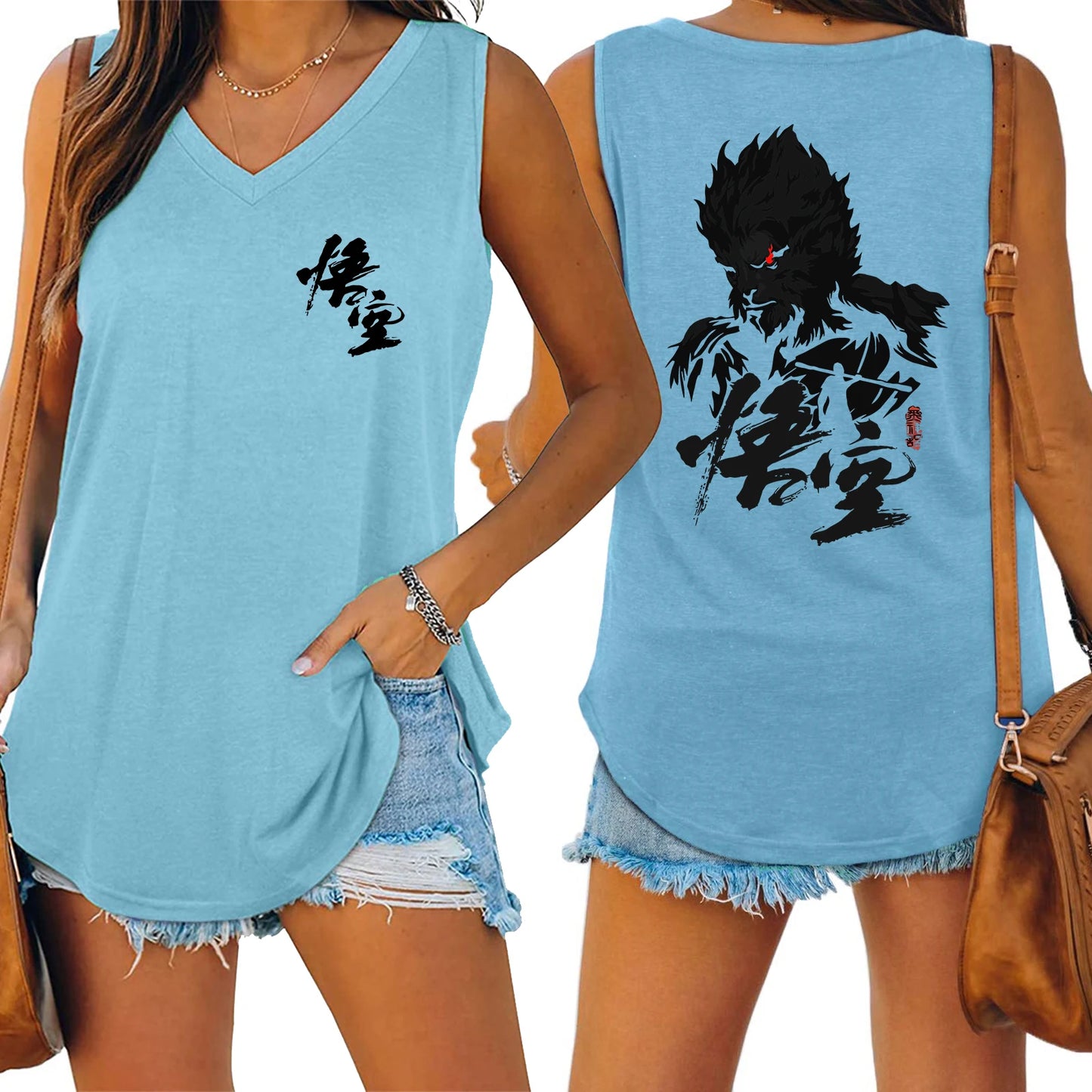 IMIEMIE Black Myth Wukong Sun Wukong Tank V-neck Female Vest Loose Oversized Women No Sleeve Top