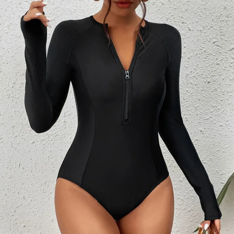 IMIEMIE Black One-Piece Swimsuits Closed Long Sleeve Swimwear For Sports Surfing Bodysuit Women Swim Bathing Suit Beachwear Pool Bather