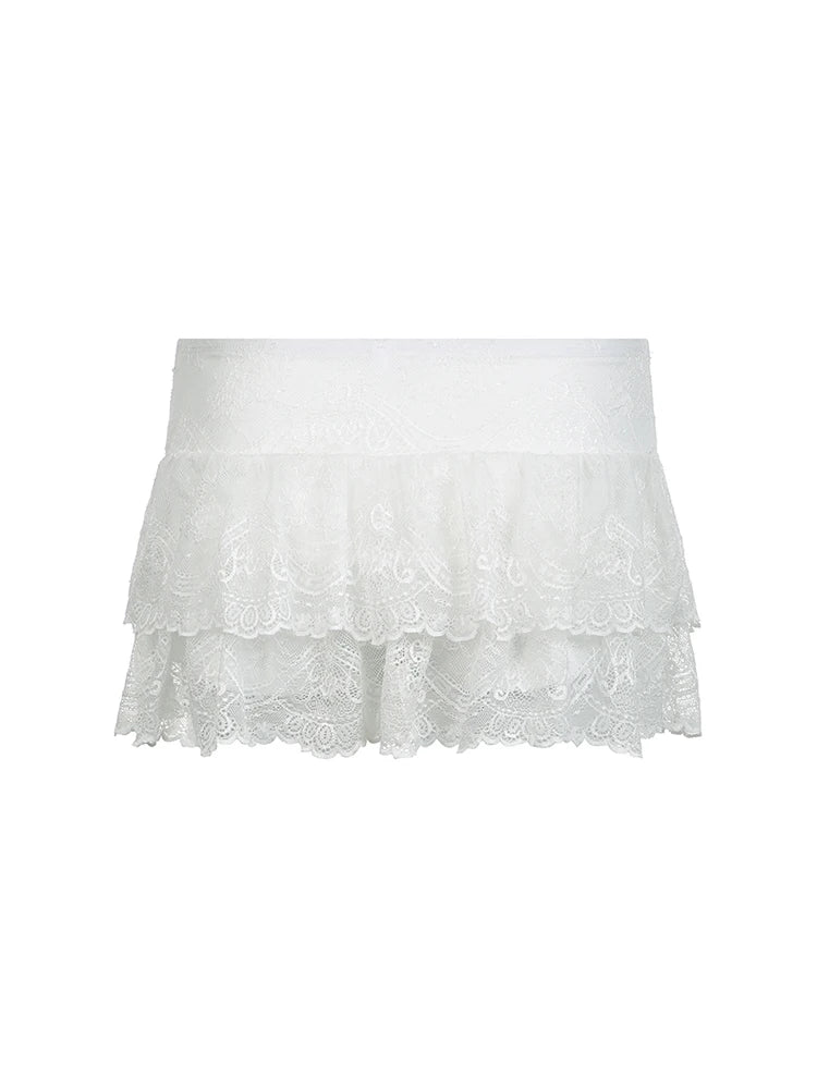 IMIEMIE Black Solid Low Waist Tiered Lace Shorts Skirts Womens White Fairycore Micro Boho Skirt