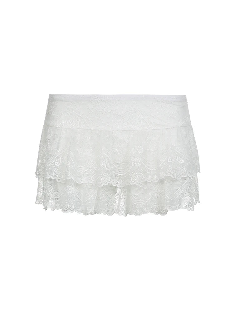 IMIEMIE Black Solid Low Waist Tiered Lace Shorts Skirts Womens White Fairycore Micro Boho Skirt