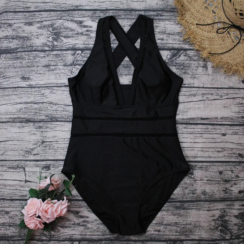 IMIEMIE Blossomora Black Mesh Deep V-neck Cross One-Piece Swimsuit For Women Sexy Backless Monokini 2024 Beach Bathing Suits Swimwear