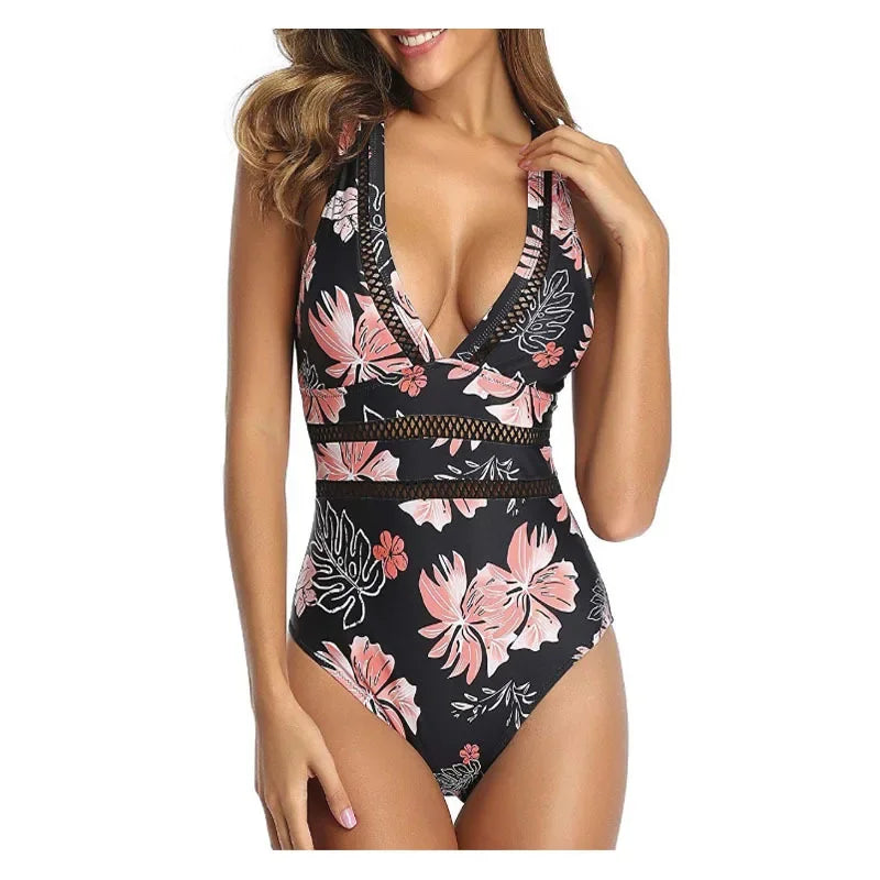 IMIEMIE Blossomora Black Mesh Deep V-neck Cross One-Piece Swimsuit For Women Sexy Backless Monokini 2024 Beach Bathing Suits Swimwear