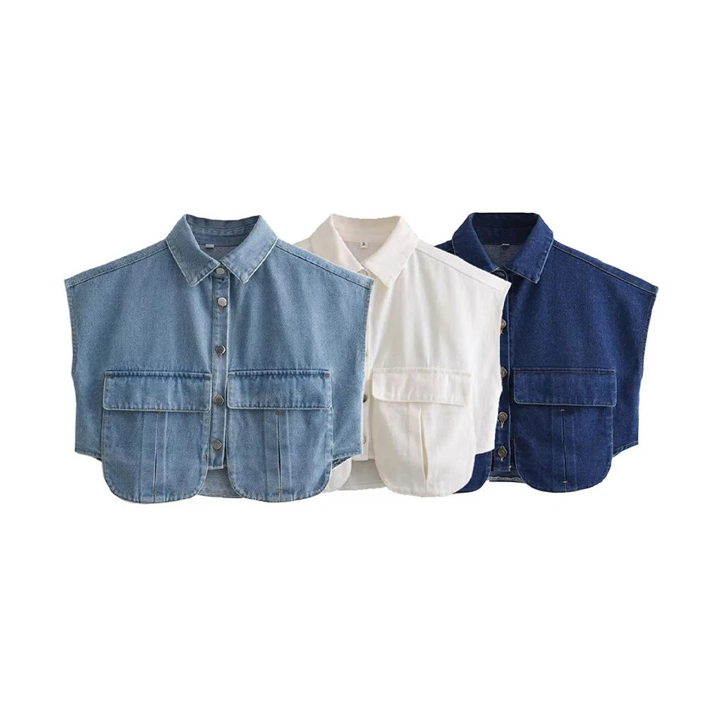 IMIEMIE Blouse Women Fashion with Pockets Cropped Denim Shirts Sexy Sleeveless Button-up Female Blouses Vintage Blusas Chic Tops