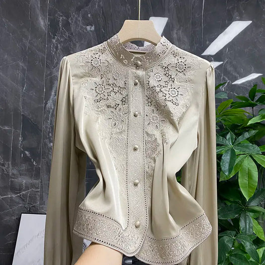 IMIEMIE Blouse female European and American embroidery stand-up collar long-sleeved heavy imitation silk mulberry shirt women autumn