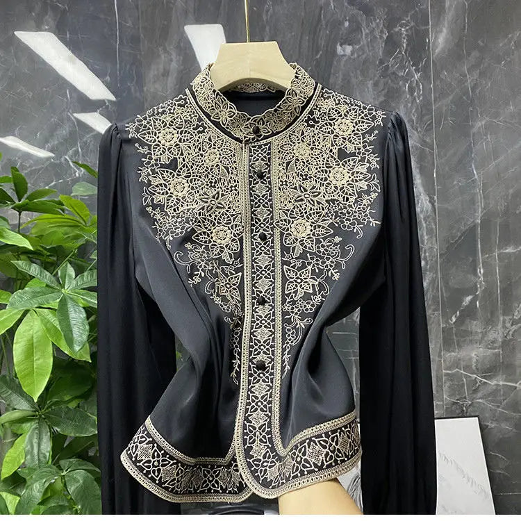 IMIEMIE Blouse female European and American embroidery stand-up collar long-sleeved heavy imitation silk mulberry shirt women autumn