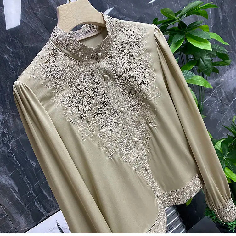 IMIEMIE Blouse female European and American embroidery stand-up collar long-sleeved heavy imitation silk mulberry shirt women autumn