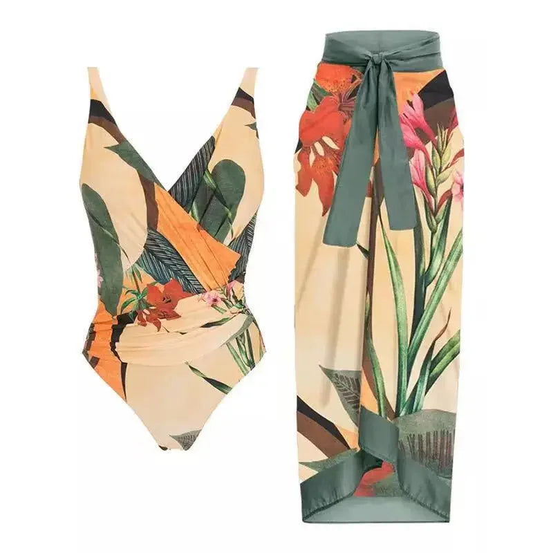 IMIEMIE Bohemian Style Women's Swimsuit Conservative Printed One-piece Cover Up Trousers Skirt European American Fashion