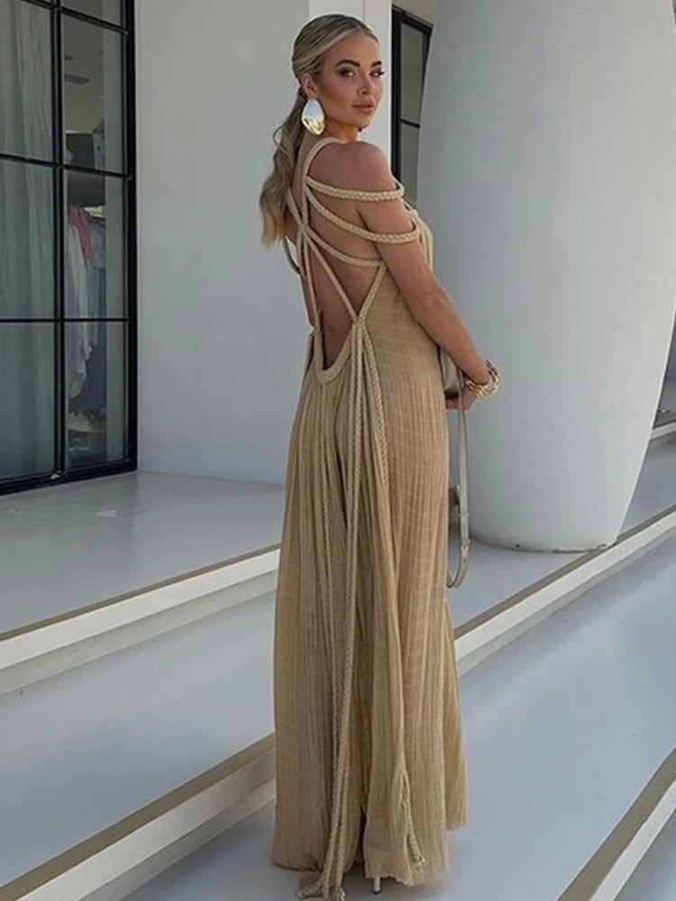 IMIEMIE ByeMyLove Loose Sleeveless Beach Dress Backless Maxi Dress For Women Crochet Cut Out Off Shoulder Loose Hem Party Long Dress