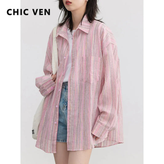 IMIEMIE CHIC VEN Fashion Women Shirt Loose Striped Pink Linen Blouses for Woman Long Sleeve Female Top Sunscreen Coat New 2024 Summer