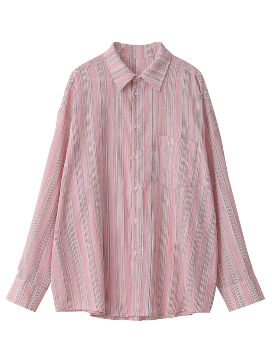 IMIEMIE CHIC VEN Fashion Women Shirt Loose Striped Pink Linen Blouses for Woman Long Sleeve Female Top Sunscreen Coat New 2024 Summer