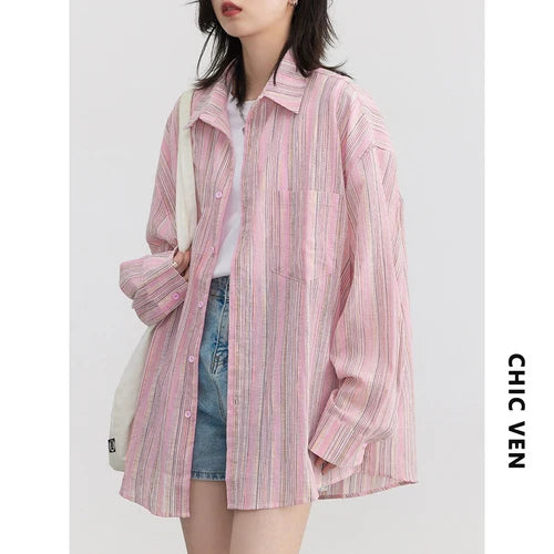 IMIEMIE CHIC VEN Fashion Women Shirt Loose Striped Pink Linen Blouses for Woman Long Sleeve Female Top Sunscreen Coat New 2024 Summer