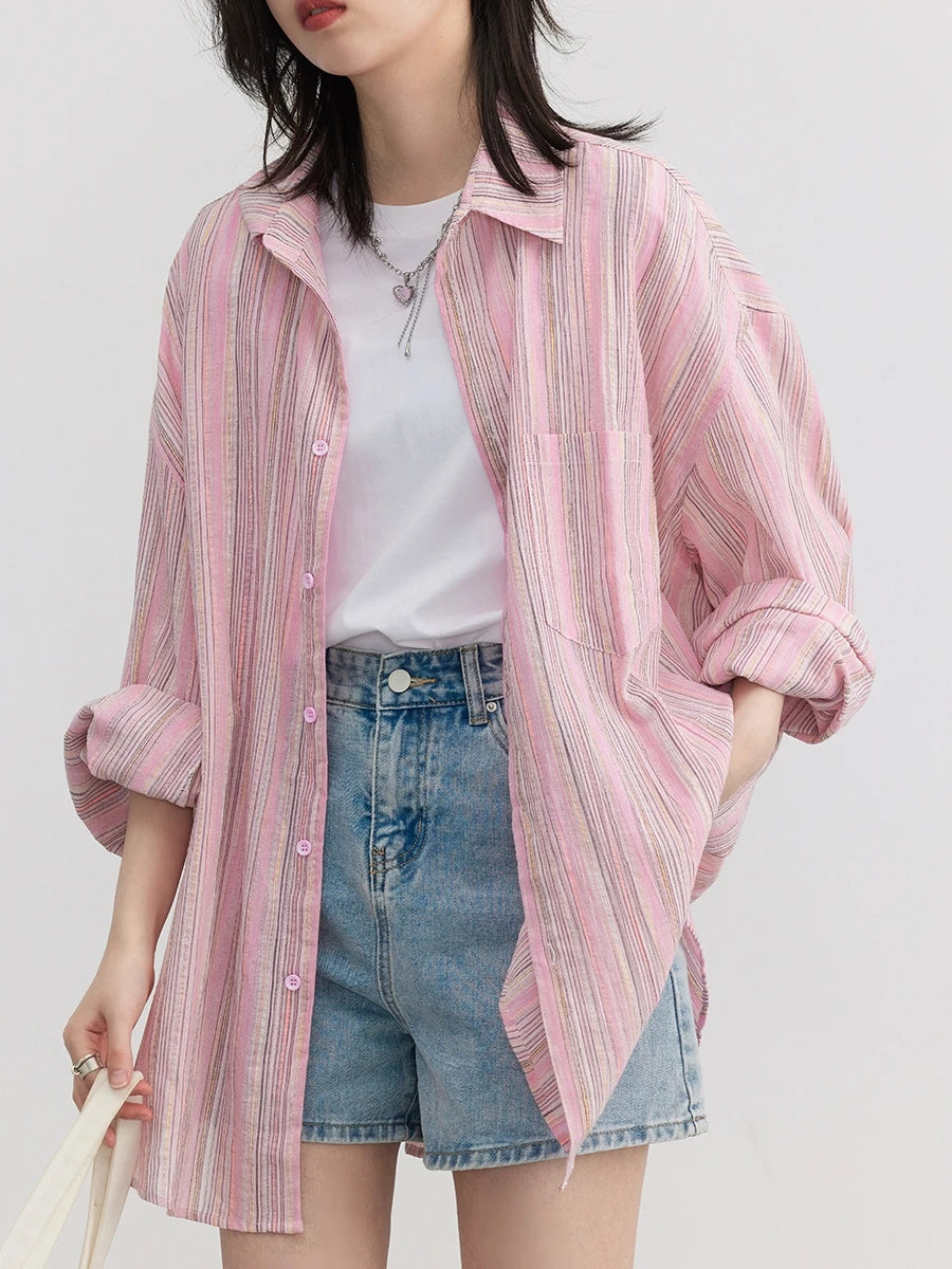 IMIEMIE CHIC VEN Fashion Women Shirt Loose Striped Pink Linen Blouses for Woman Long Sleeve Female Top Sunscreen Coat New 2024 Summer