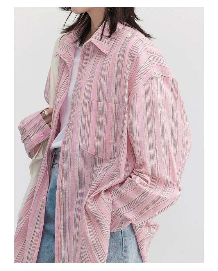 IMIEMIE CHIC VEN Fashion Women Shirt Loose Striped Pink Linen Blouses for Woman Long Sleeve Female Top Sunscreen Coat New 2024 Summer