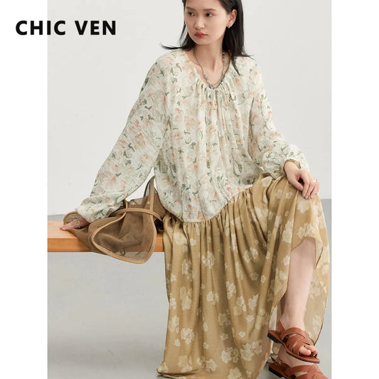 IMIEMIE CHIC VEN Korean Women's Dresses Drawstring Floral Dress for Woman Pullover  Dress New Style Spring Summer 2024