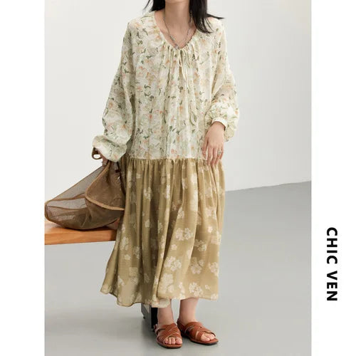 IMIEMIE CHIC VEN Korean Women's Dresses Drawstring Floral Dress for Woman Pullover  Dress New Style Spring Summer 2024