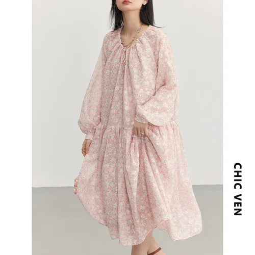 IMIEMIE CHIC VEN Korean Women's Dresses Drawstring Floral Dress for Woman Pullover  Dress New Style Spring Summer 2024