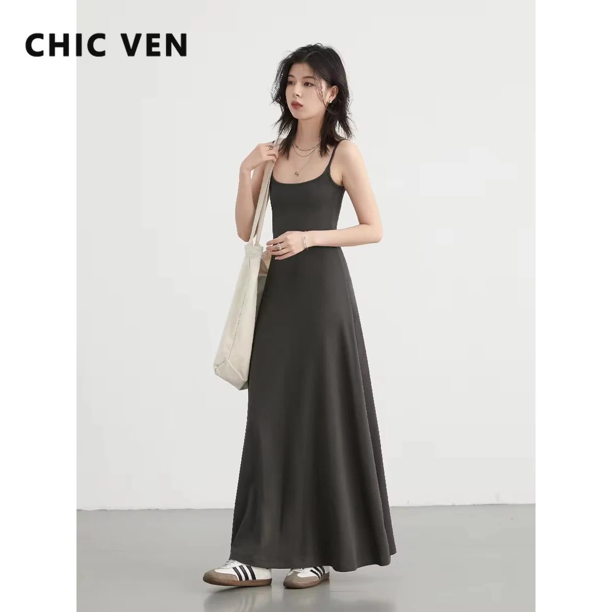 IMIEMIE CHIC VEN Women Dresses Solid New Sleeveless Girl U-Neck Strap Dress Slim Fit Long Pullover Soft Female Dress Summer 2024