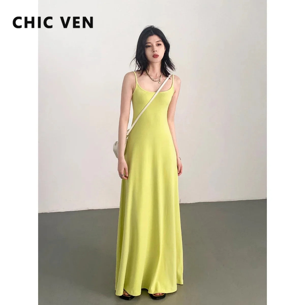 IMIEMIE CHIC VEN Women Dresses Solid New Sleeveless Girl U-Neck Strap Dress Slim Fit Long Pullover Soft Female Dress Summer 2024