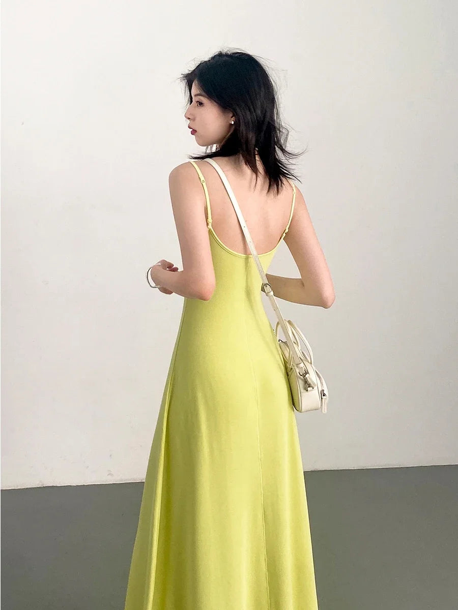 IMIEMIE CHIC VEN Women Dresses Solid New Sleeveless Girl U-Neck Strap Dress Slim Fit Long Pullover Soft Female Dress Summer 2024