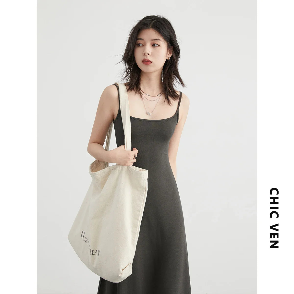 IMIEMIE CHIC VEN Women Dresses Solid New Sleeveless Girl U-Neck Strap Dress Slim Fit Long Pullover Soft Female Dress Summer 2024