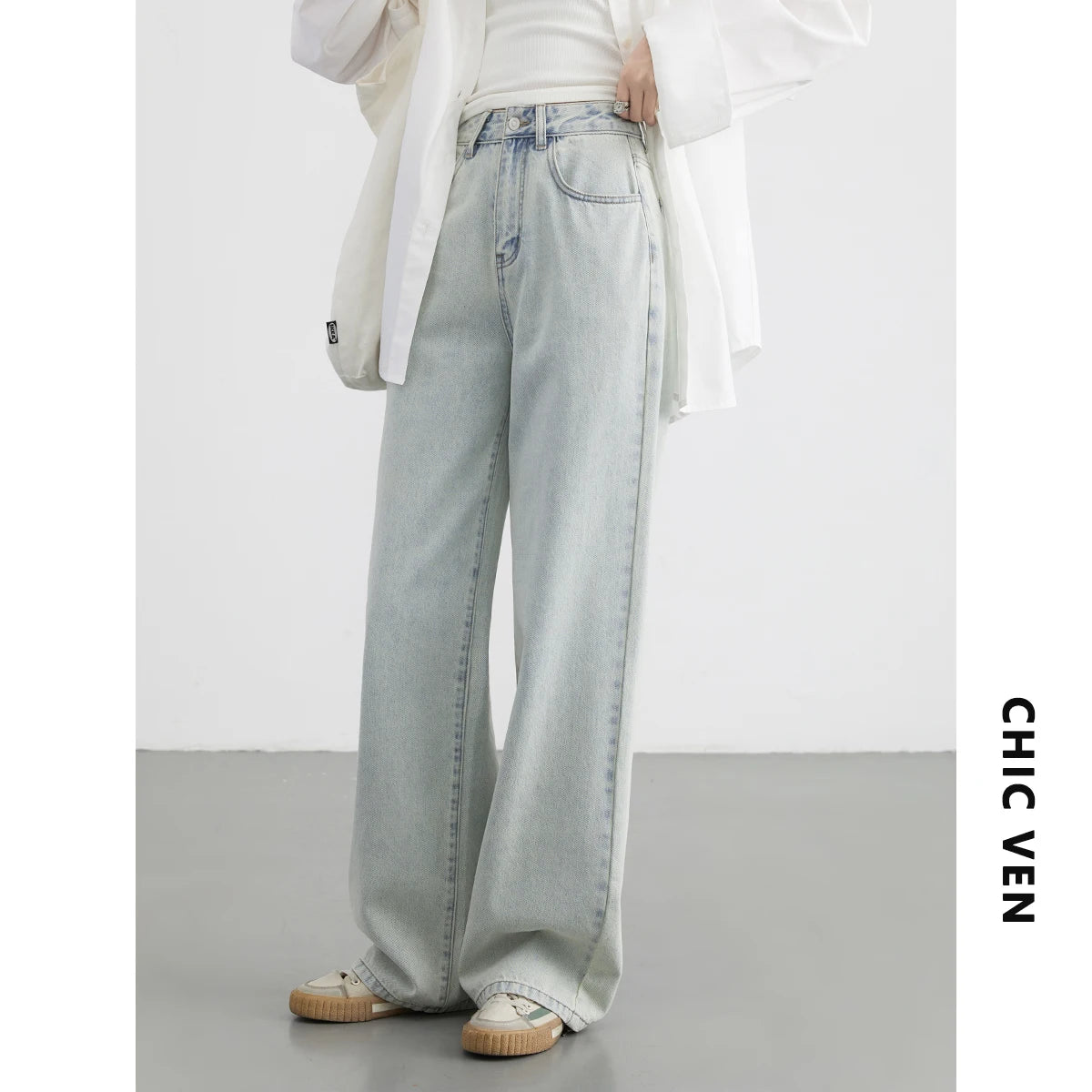 IMIEMIE CHIC VEN Women Jeans Casual New High Waisted Cotton Straight Wide Leg Trousers Female Long Denim Pants Spring Autumn 2024