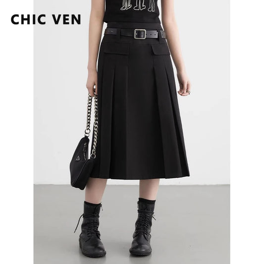 IMIEMIE CHIC VEN Women Skirts Black Loose New British H-shaped High Waisted Female Pleated Half A-line Long Skirt Spring Summer 2024