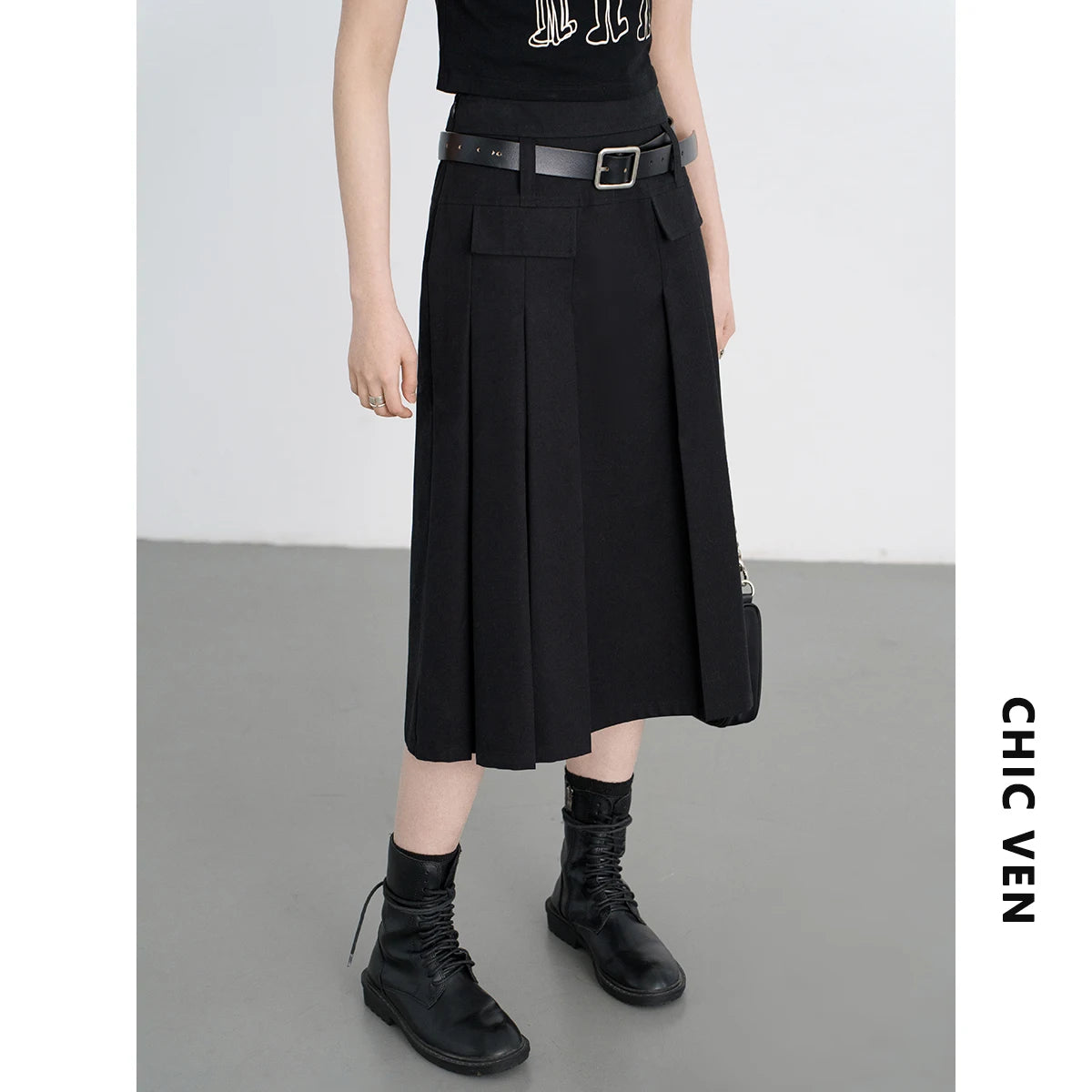 IMIEMIE CHIC VEN Women Skirts Black Loose New British H-shaped High Waisted Female Pleated Half A-line Long Skirt Spring Summer 2024