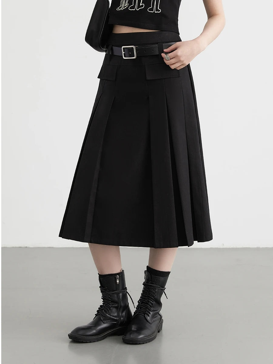 IMIEMIE CHIC VEN Women Skirts Black Loose New British H-shaped High Waisted Female Pleated Half A-line Long Skirt Spring Summer 2024