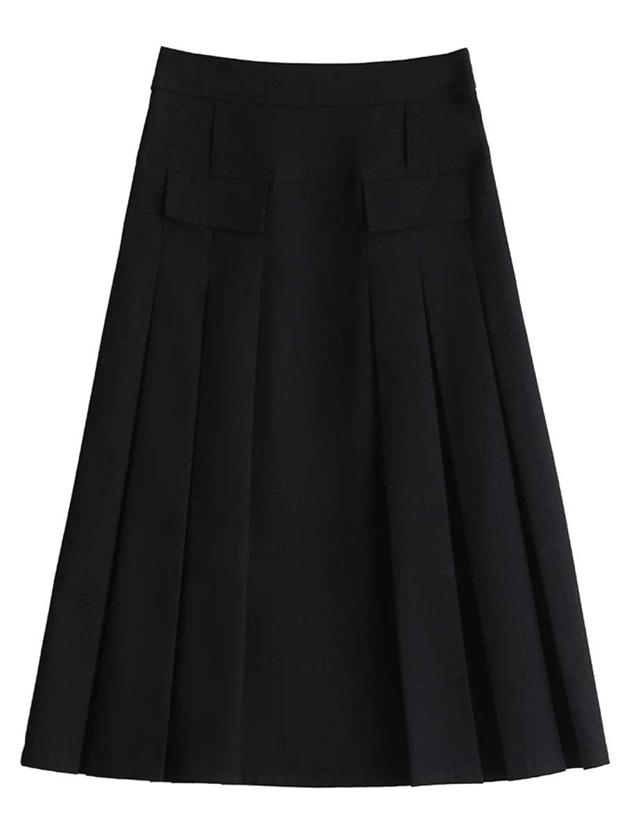 IMIEMIE CHIC VEN Women Skirts Black Loose New British H-shaped High Waisted Female Pleated Half A-line Long Skirt Spring Summer 2024