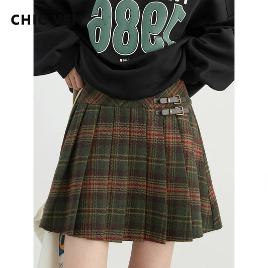 IMIEMIE CHIC VEN Women Skirts High Waist New British College Style Wool Plaid A-line Skirt Pleated Skirt Spring Autumn 2024