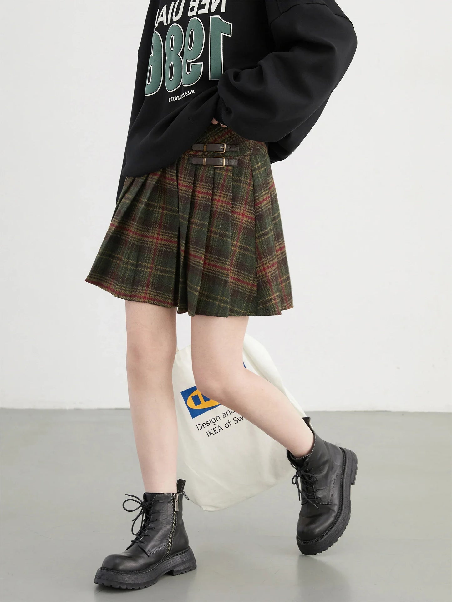 IMIEMIE CHIC VEN Women Skirts High Waist New British College Style Wool Plaid A-line Skirt Pleated Skirt Spring Autumn 2024