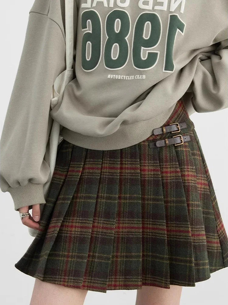 IMIEMIE CHIC VEN Women Skirts High Waist New British College Style Wool Plaid A-line Skirt Pleated Skirt Spring Autumn 2024