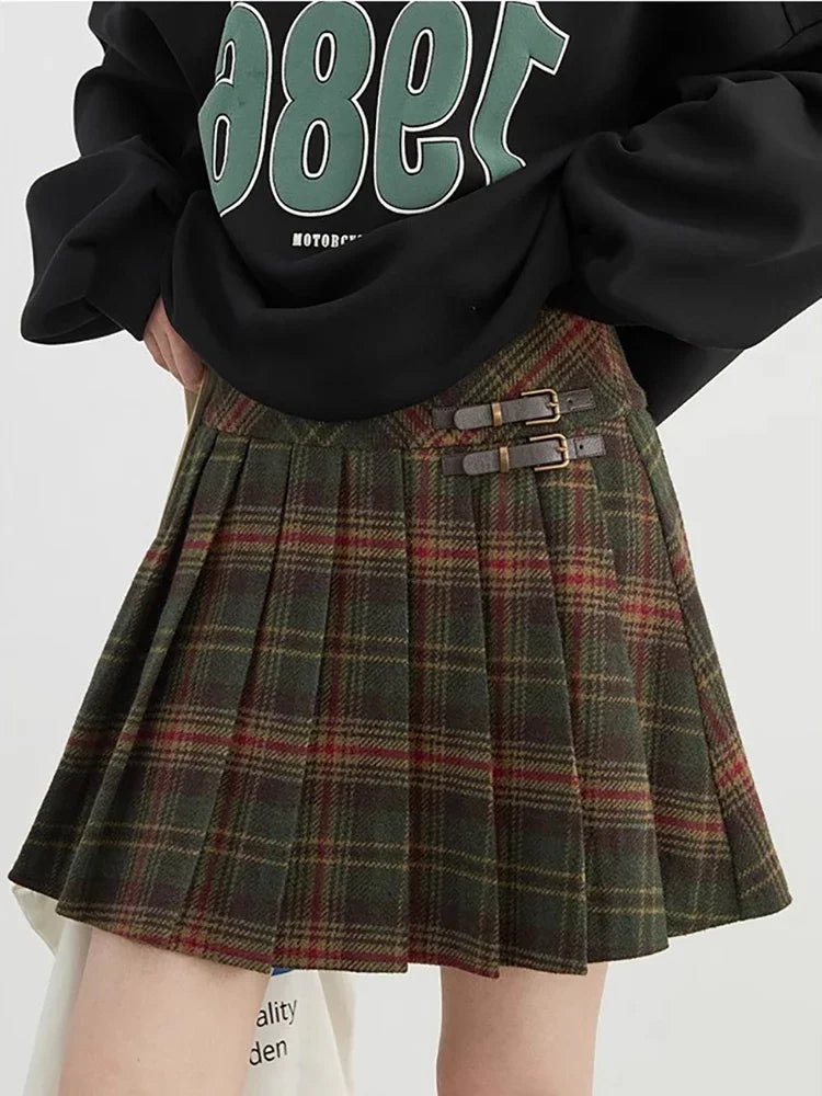 IMIEMIE CHIC VEN Women Skirts High Waist New British College Style Wool Plaid A-line Skirt Pleated Skirt Spring Autumn 2024