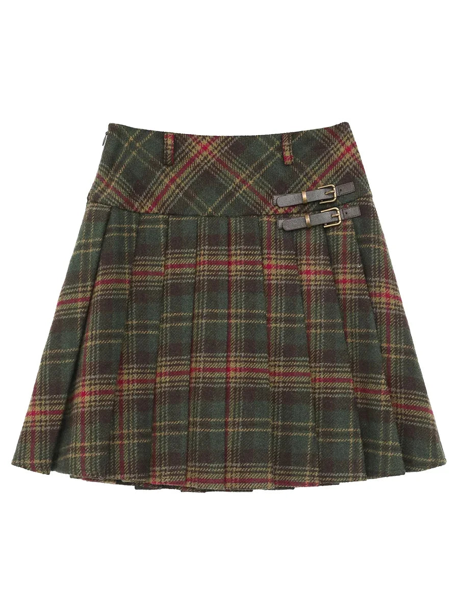 IMIEMIE CHIC VEN Women Skirts High Waist New British College Style Wool Plaid A-line Skirt Pleated Skirt Spring Autumn 2024