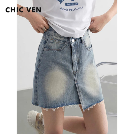 IMIEMIE CHIC VEN Women Skirts Streetwear Cotton Asymmetric Placket Raw Edge Denim Skirt Female A-line Short Skirt Spring Summer 2024