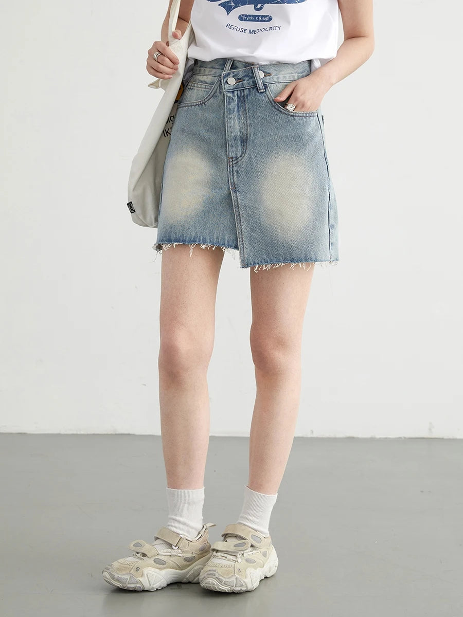 IMIEMIE CHIC VEN Women Skirts Streetwear Cotton Asymmetric Placket Raw Edge Denim Skirt Female A-line Short Skirt Spring Summer 2024